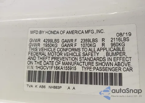 2019 Honda Accord Lx from USA, damaged, VIN 1HGCV1F16KA155915